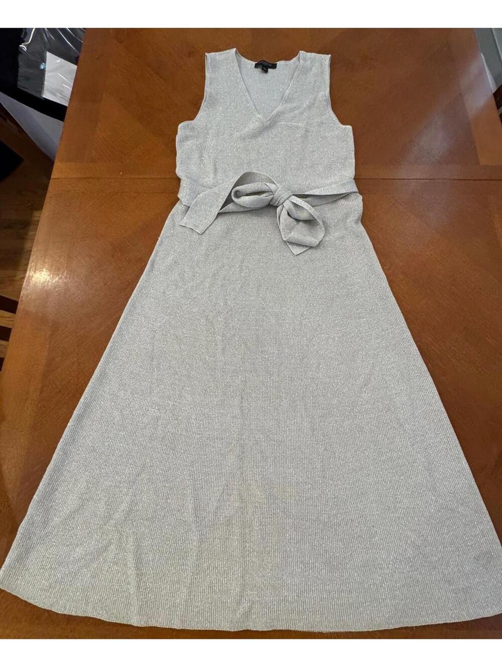 Ann Taylor Sleeveless Knit Dress with Waist Tie in Light Gray, Size Large